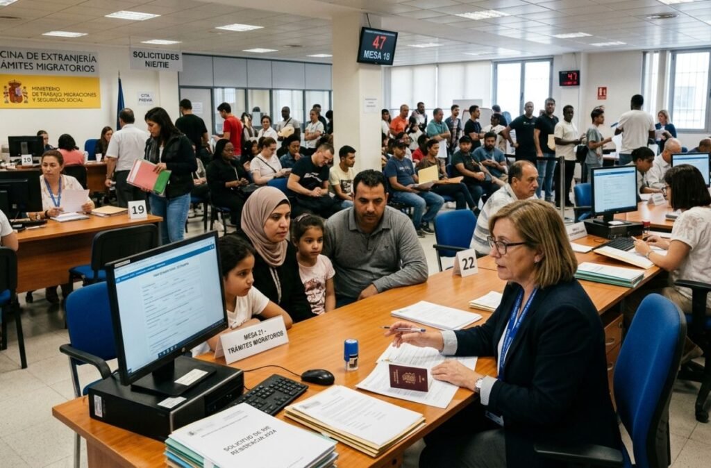 Personas migrantes realizando trámites de regularización en España