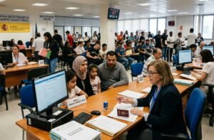 Personas migrantes realizando trámites de regularización en España