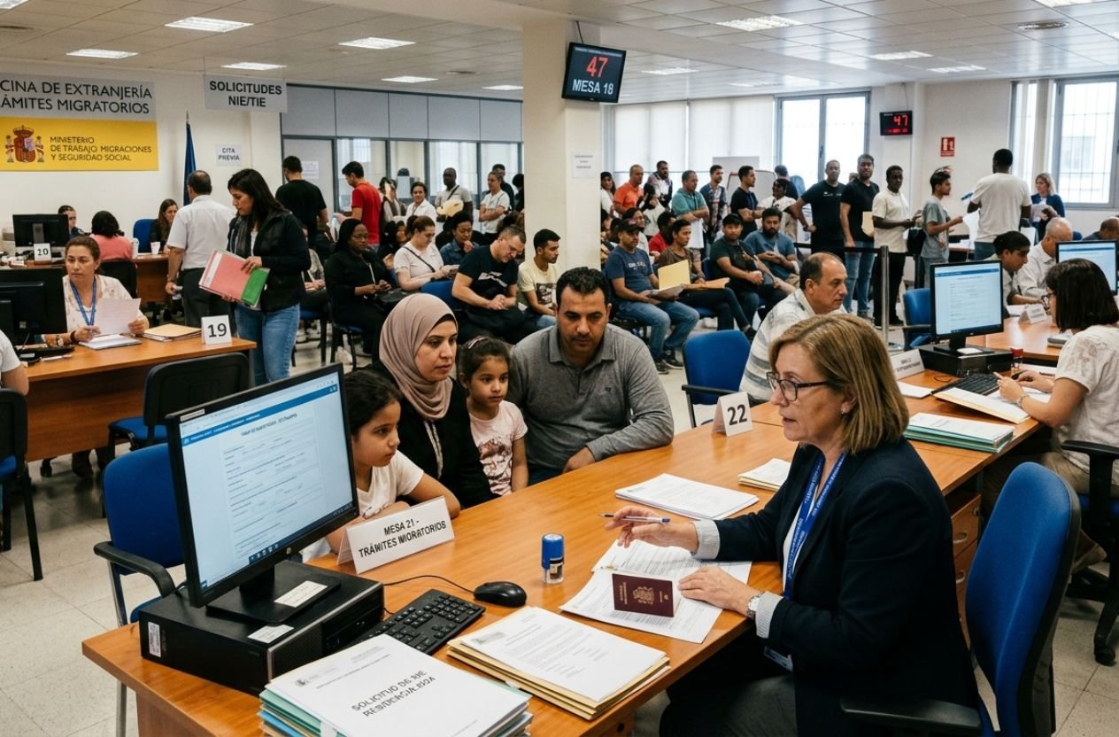 Personas migrantes realizando trámites de regularización en España